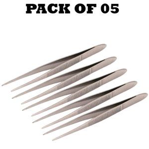 Forgica Professional Stainless Steel Needle Tip Silver Tweezers Pack of 05